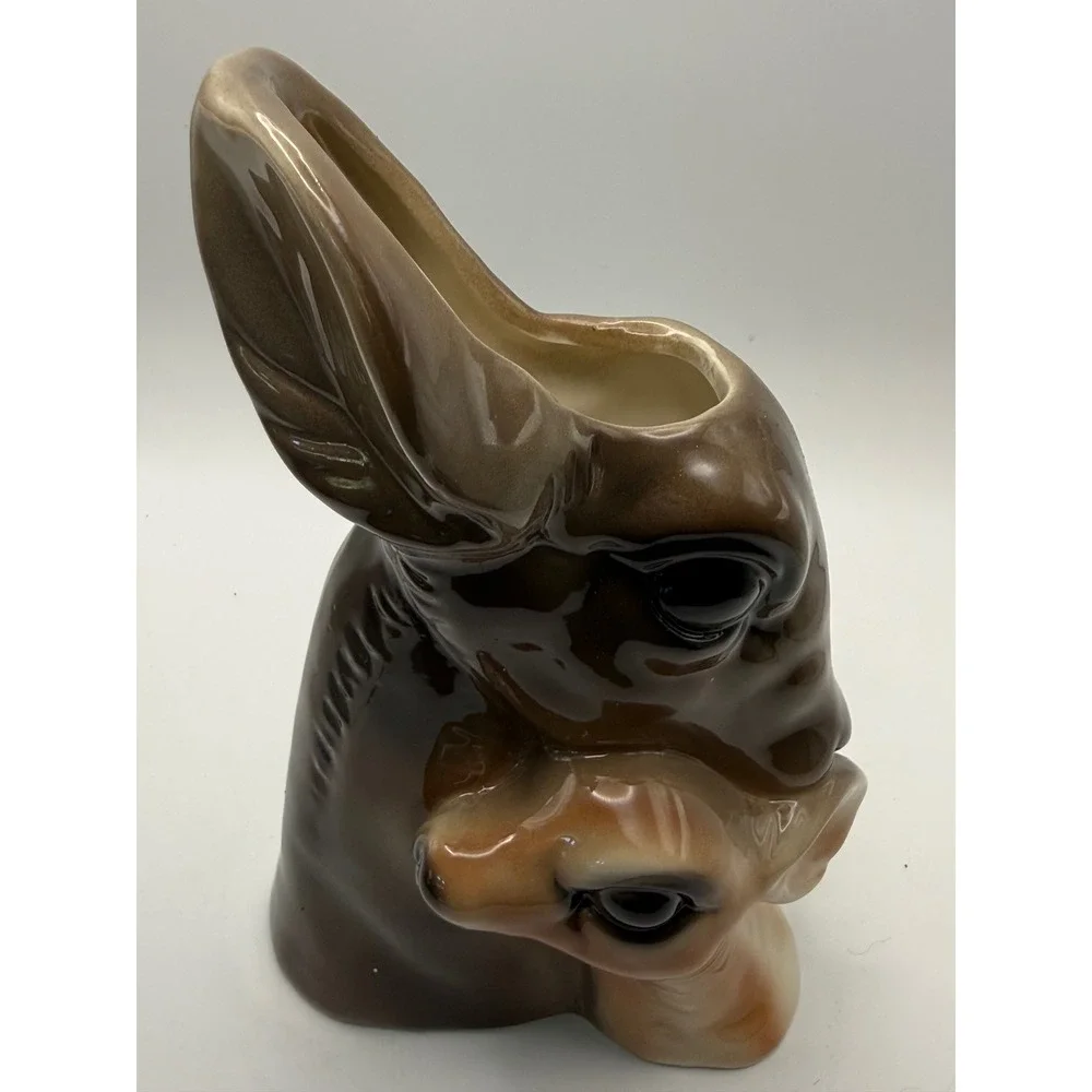 Vintage Style Ceramic Deer‎ and Foe Head Vase Planter Brown Glazed 4Y892 New